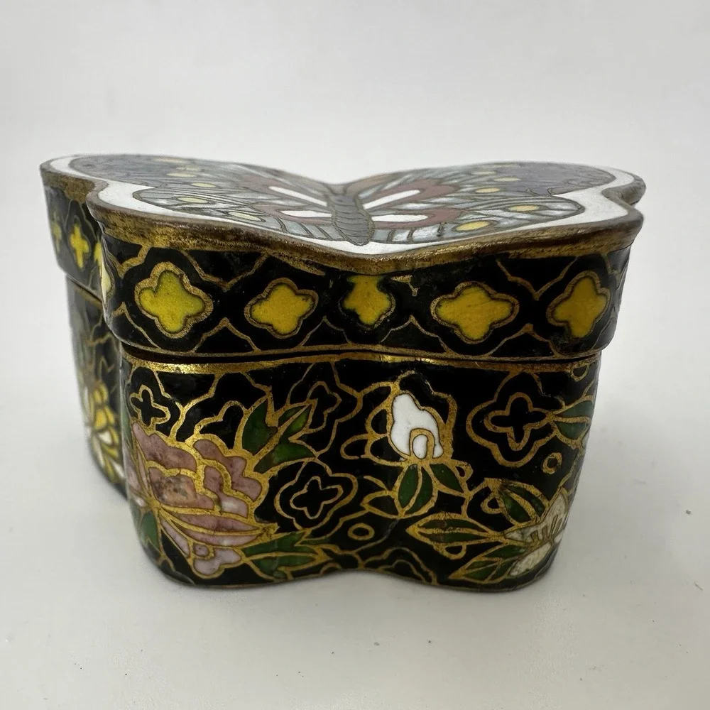Cloisonné Enamel On Brass Butterfly Shape Trinket Pill Box Multi Color‎ Vintage